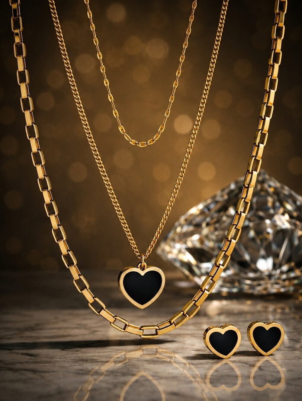 18k Gold Plated SS Black Enamel Heart Triple Layer Necklace and Earring Set